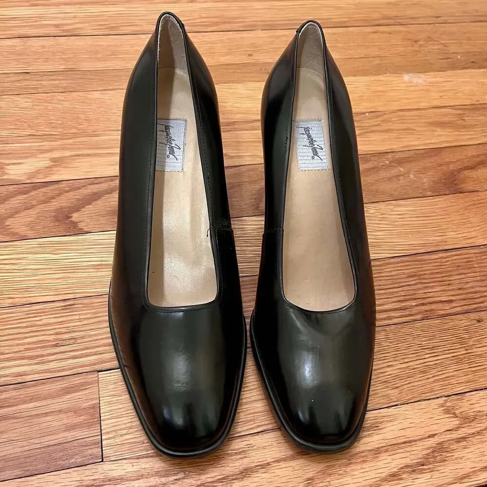 Jacqueline Ferrar Vintage Black Leather Block Heel Pumps Square Toe Shoes 8.5M